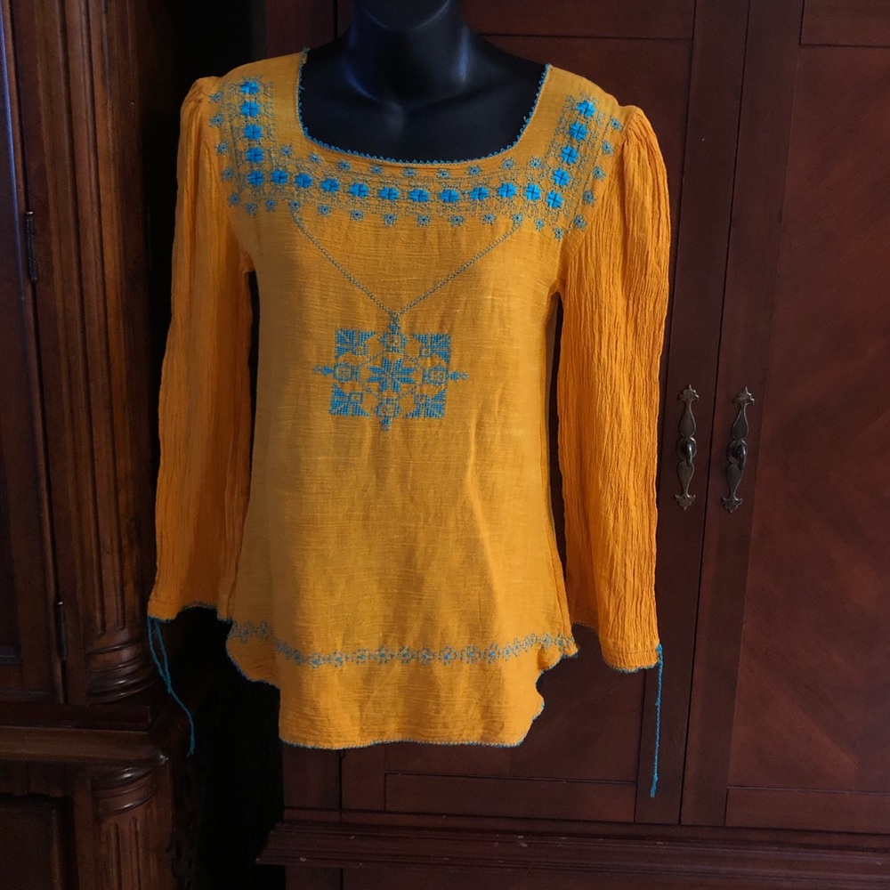Gorgeous Mexican Yellow Tunic w/ Turquoise Thread (small)